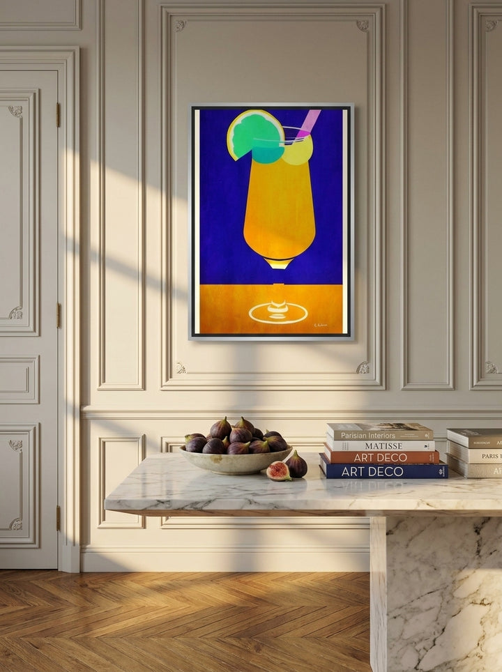 Canvas wall art with a silver leaf surround styled on the wall in a Parisian living room