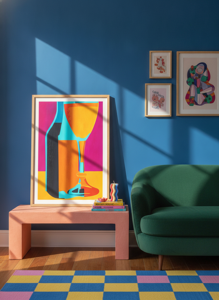 Modern wall art print standing on a side table in a colourful eclectic living room