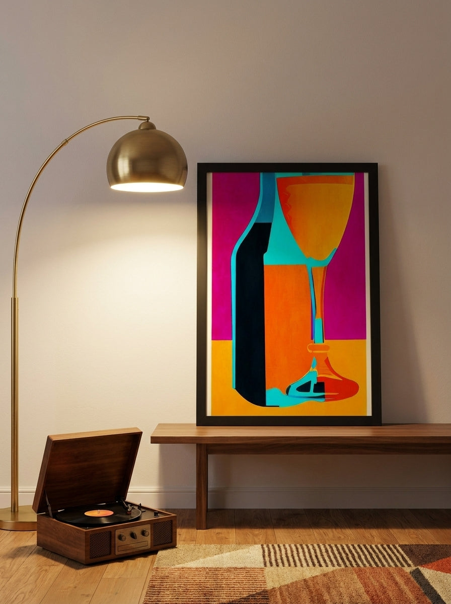 Modern wall art print standing on a kitchen bench in a mid-century kitchen