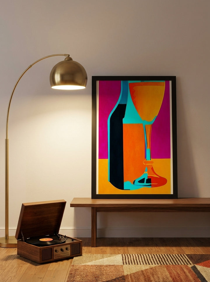 Modern wall art print standing on a kitchen bench in a mid-century kitchen