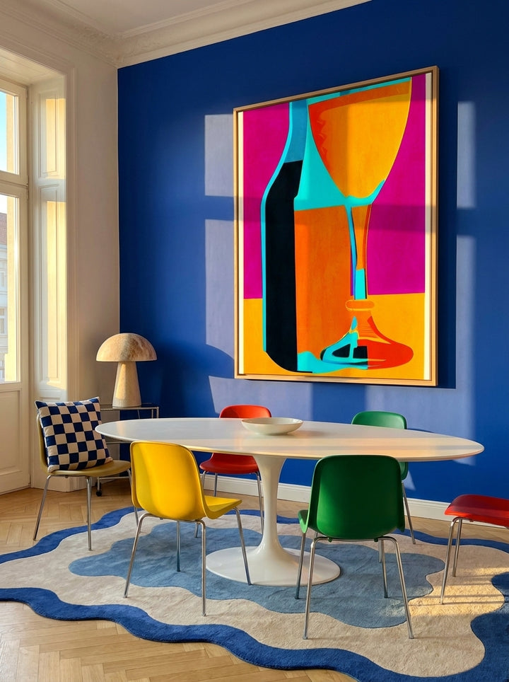 Oversized statement canvas wall art with a natural timber surround styled on the wall in a colourful eclectic dining room
