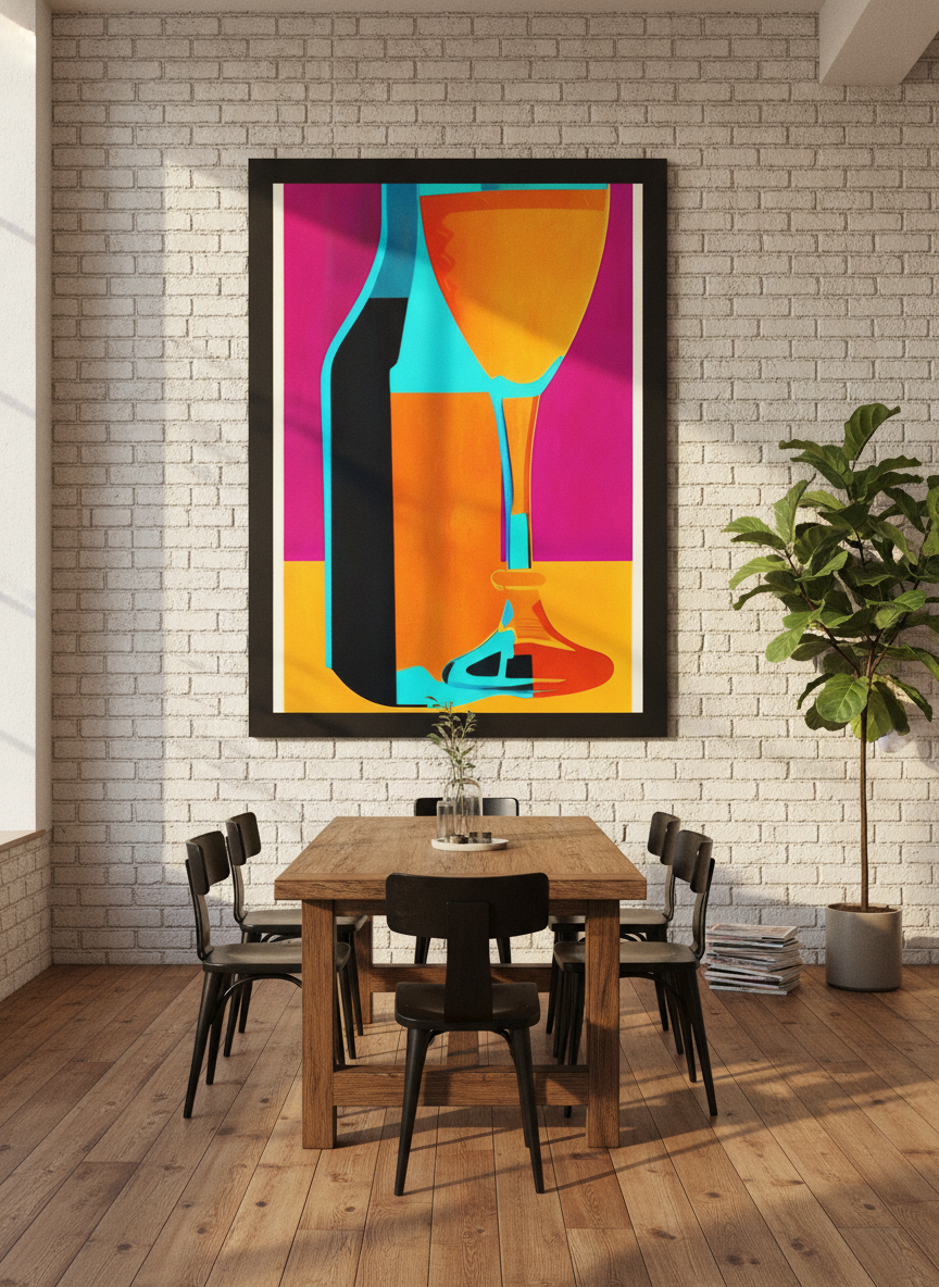 Oversized statement modern wall art print styled on the wall in an industrial loft dining room