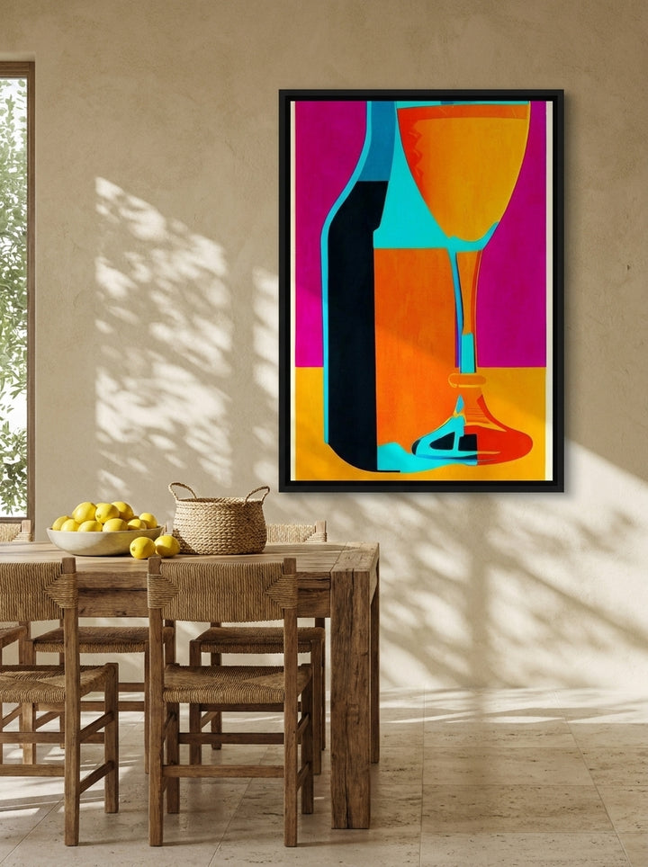 Canvas wall art with a black surround styled on the wall in a Mediterranean dining room