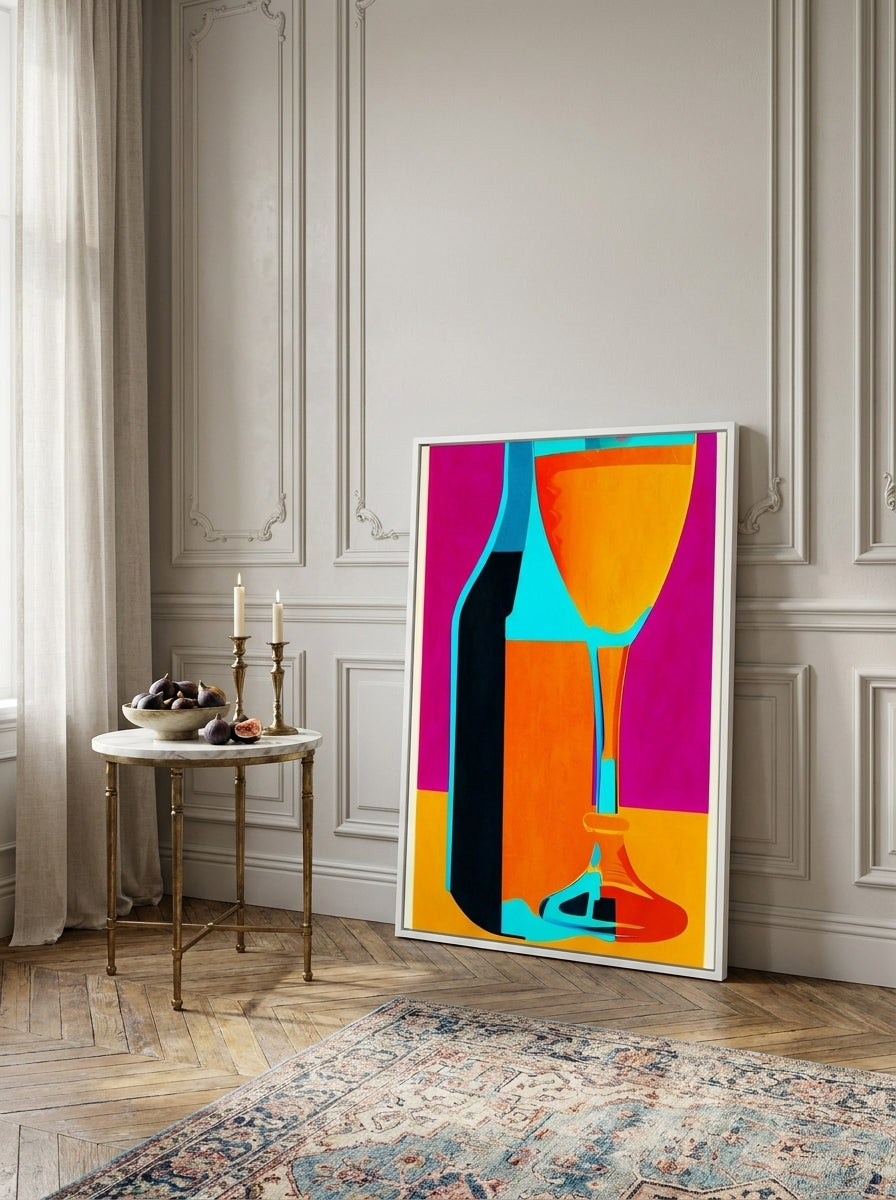 Canvas wall art with a white surround leaning against the wall in a Parisian kitchen