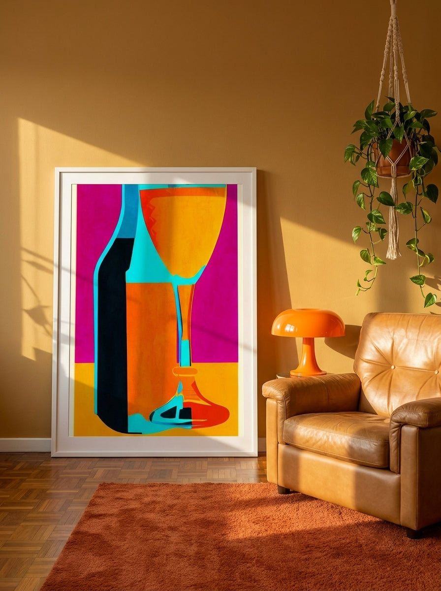 Oversized statement modern wall art print leaning against the wall in a retro 70s living room