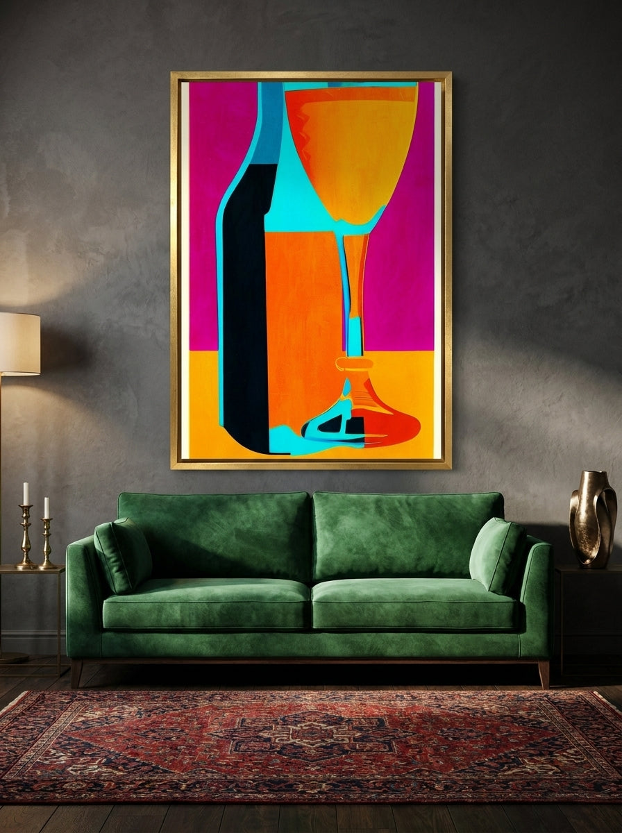Oversized statement canvas wall art with a gold leaf surround styled on the wall in a moody living room