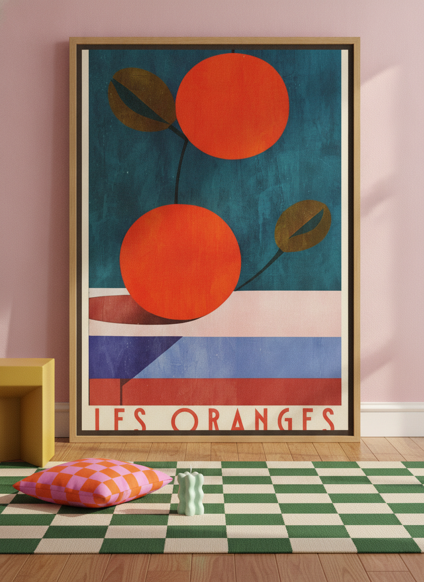 Oversized statement canvas wall art with a natural timber surround leaning against the wall in a colourful eclectic dining room