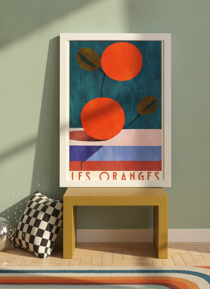 Modern wall art print standing on a side table in a colourful eclectic living room