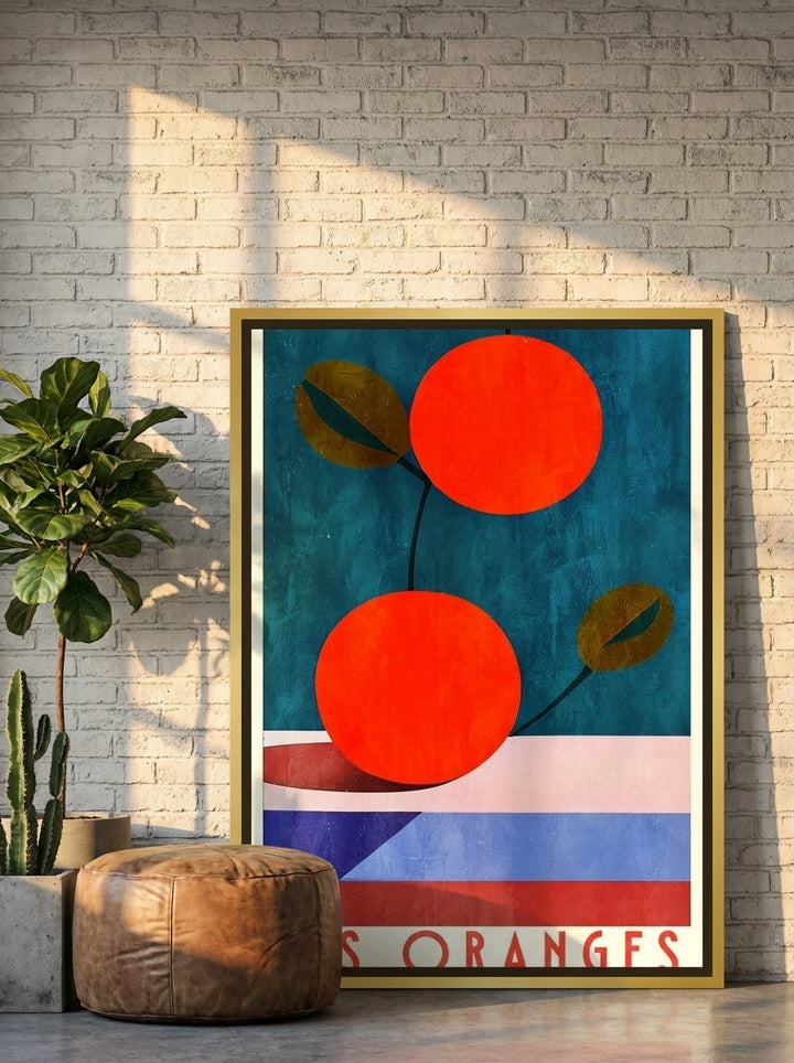 Canvas wall art with a gold leaf surround leaning against the wall in an industrial loft living room