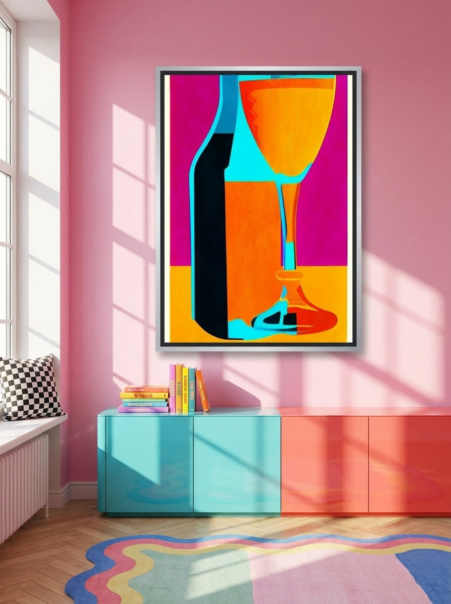 Canvas wall art with a silver leaf surround styled on the wall in a colourful eclectic living room