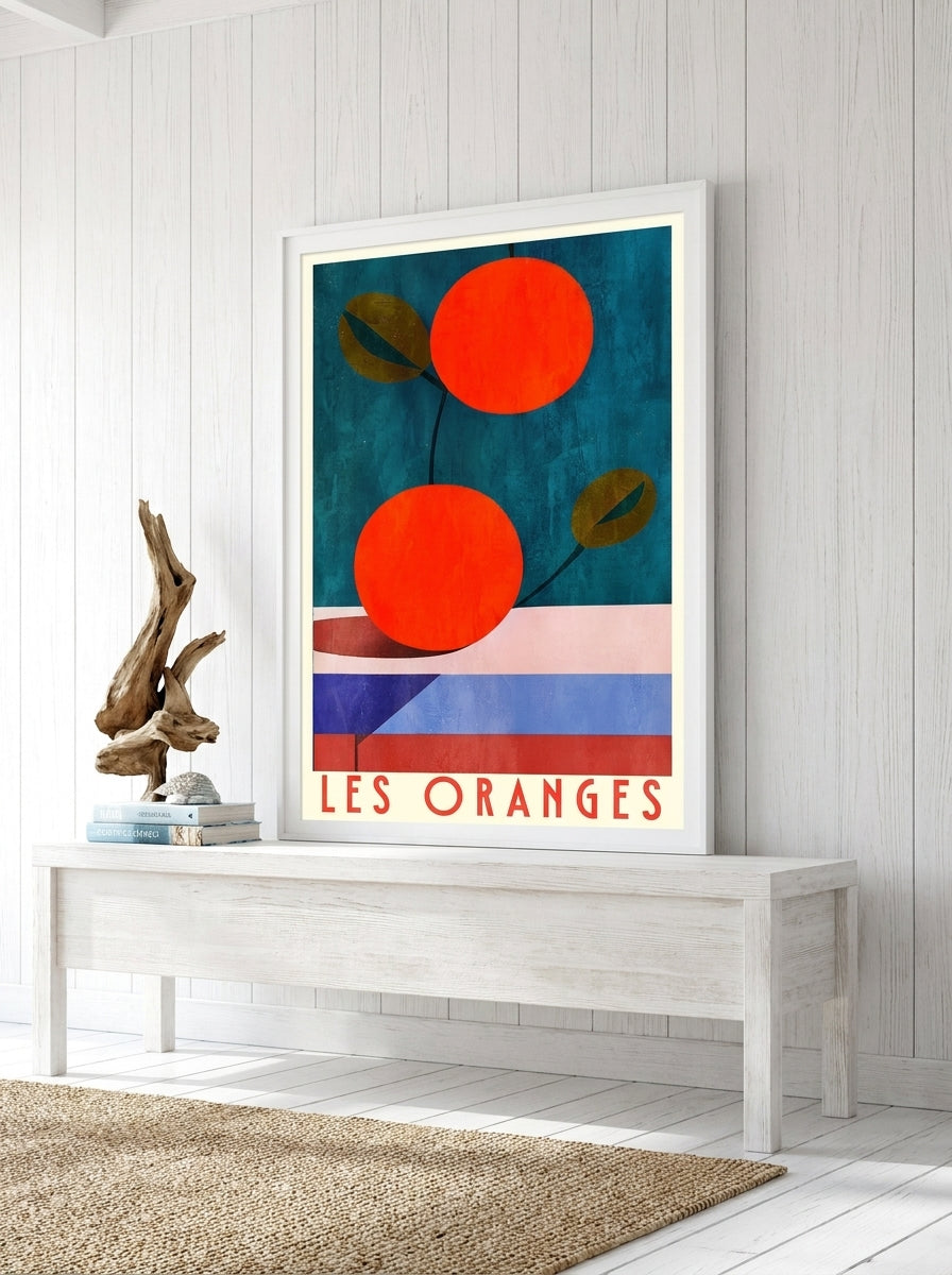 Modern wall art print standing on a console in a coastal dining room