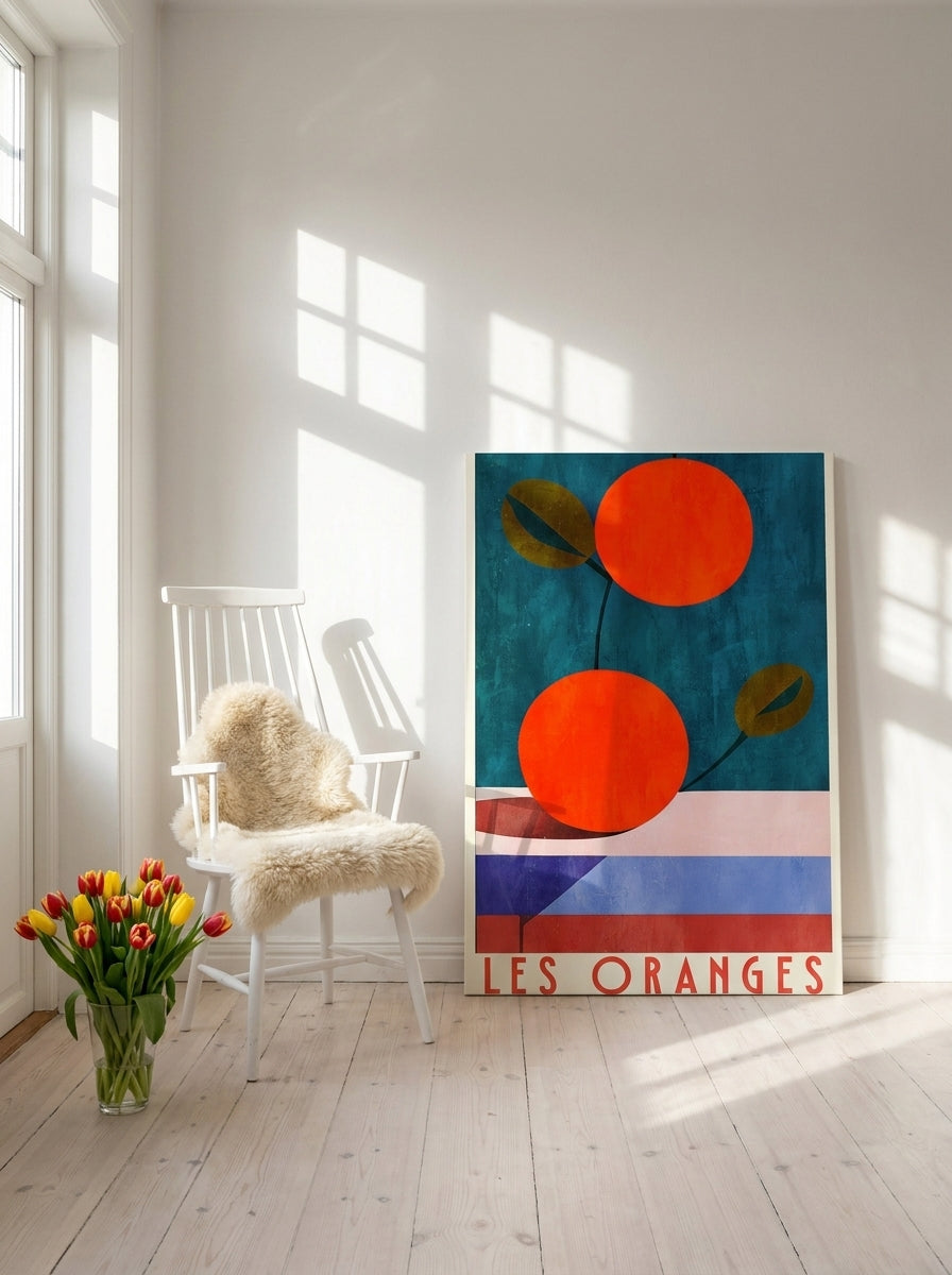 Stretched canvas wall art leaning against the wall in a bright Scandinavian living room
