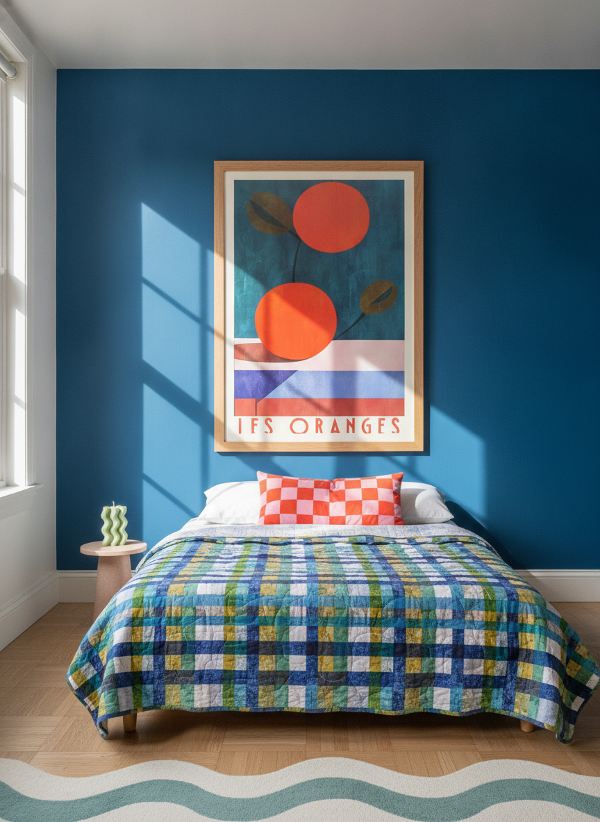 Oversized statement modern wall art print styled on the wall in a colourful eclectic bedroom