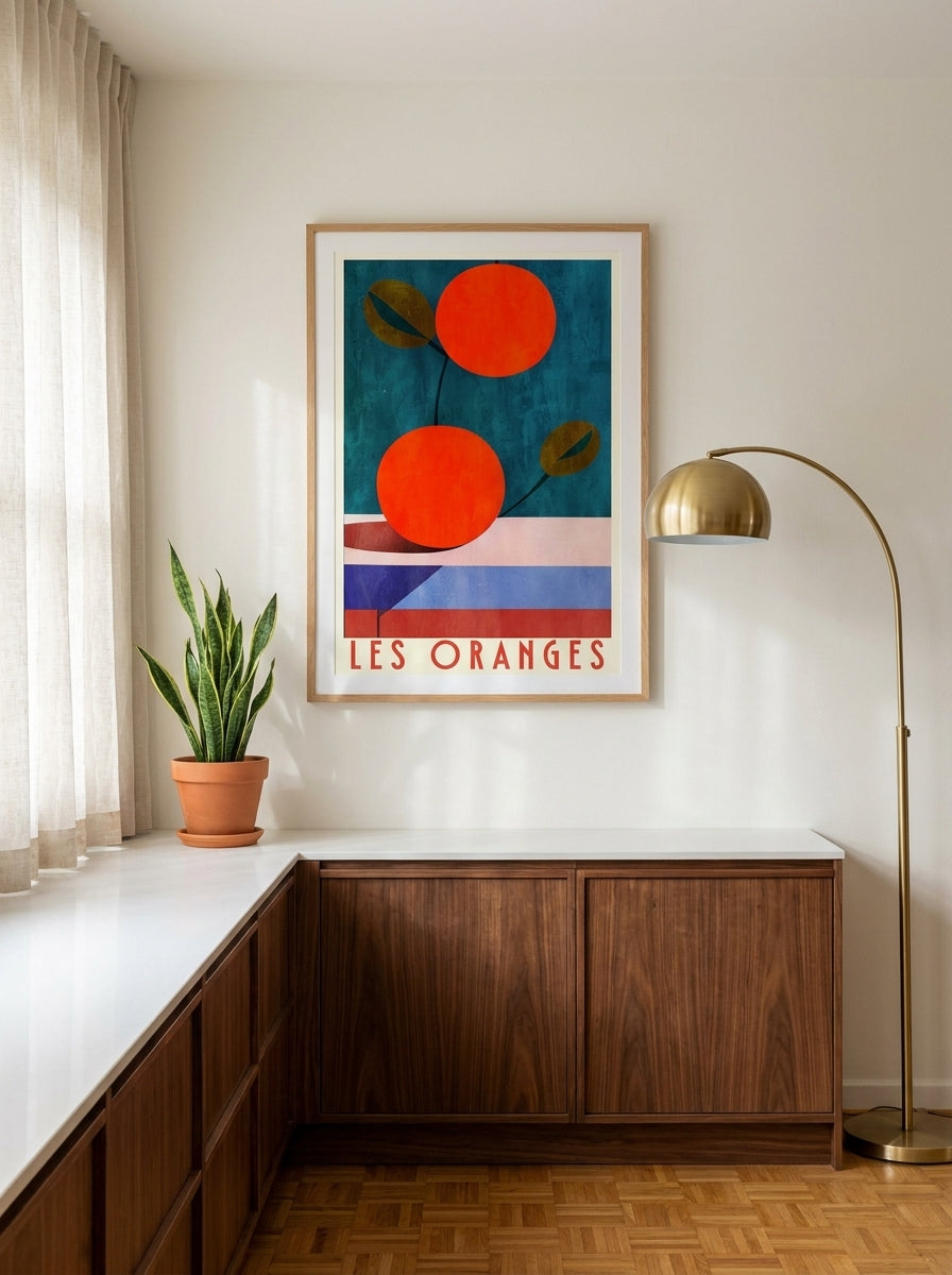 Modern wall art print styled on the wall in a mid-century kitchen