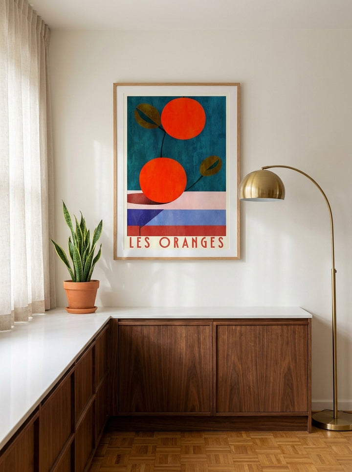 Modern wall art print styled on the wall in a mid-century kitchen
