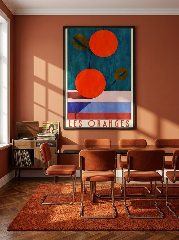 Oversized statement modern wall art print styled on the wall in a retro 70s dining room
