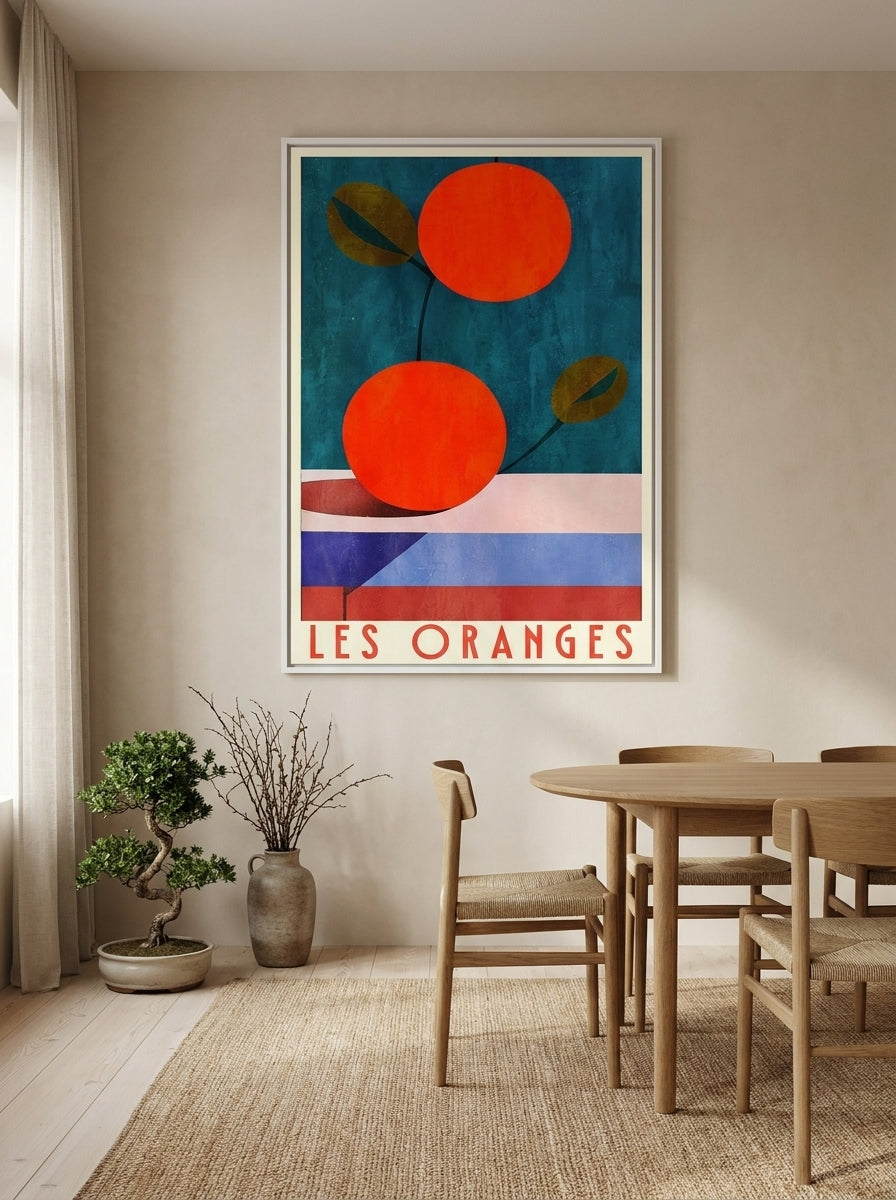 Oversized statement canvas wall art with a white surround styled on the wall in a warm Japandi dining room