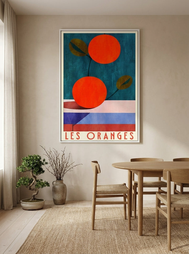 Oversized statement canvas wall art with a white surround styled on the wall in a warm Japandi dining room