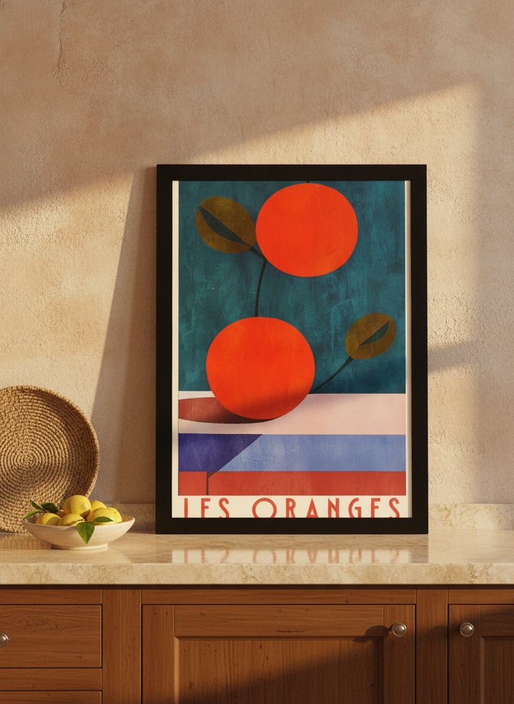 Modern wall art print standing on a kitchen bench in a Mediterranean kitchen
