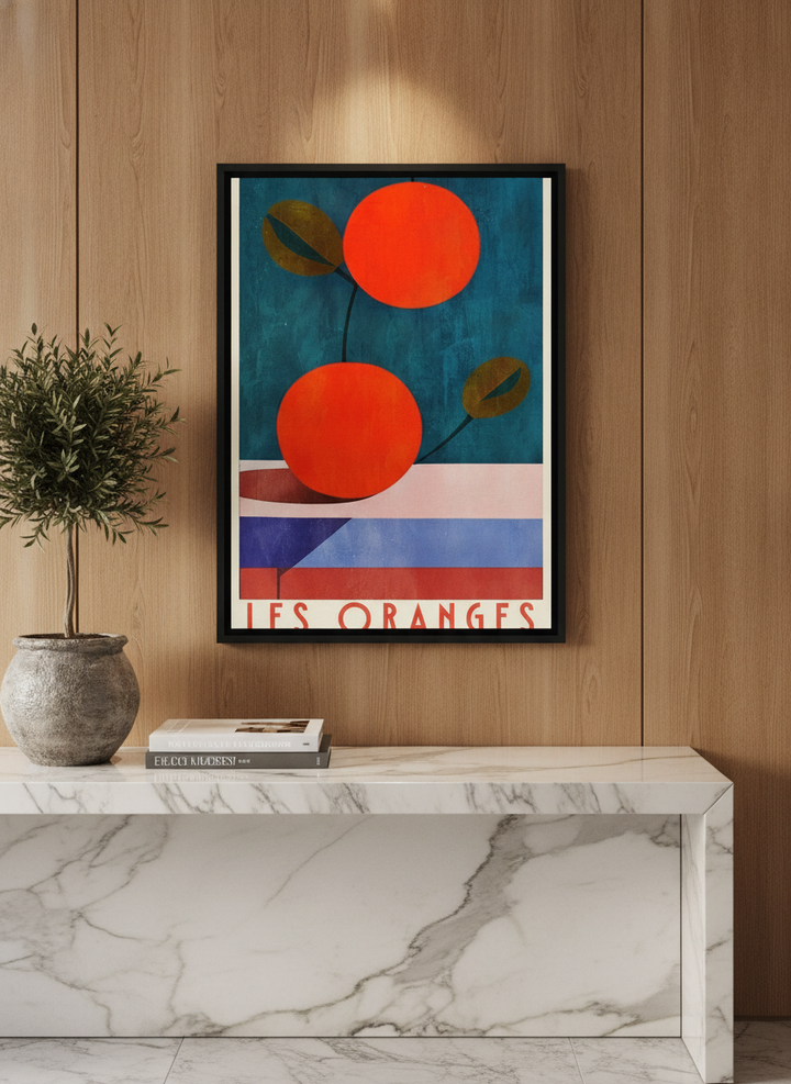 Canvas wall art with a black surround styled on the wall in a luxe kitchen
