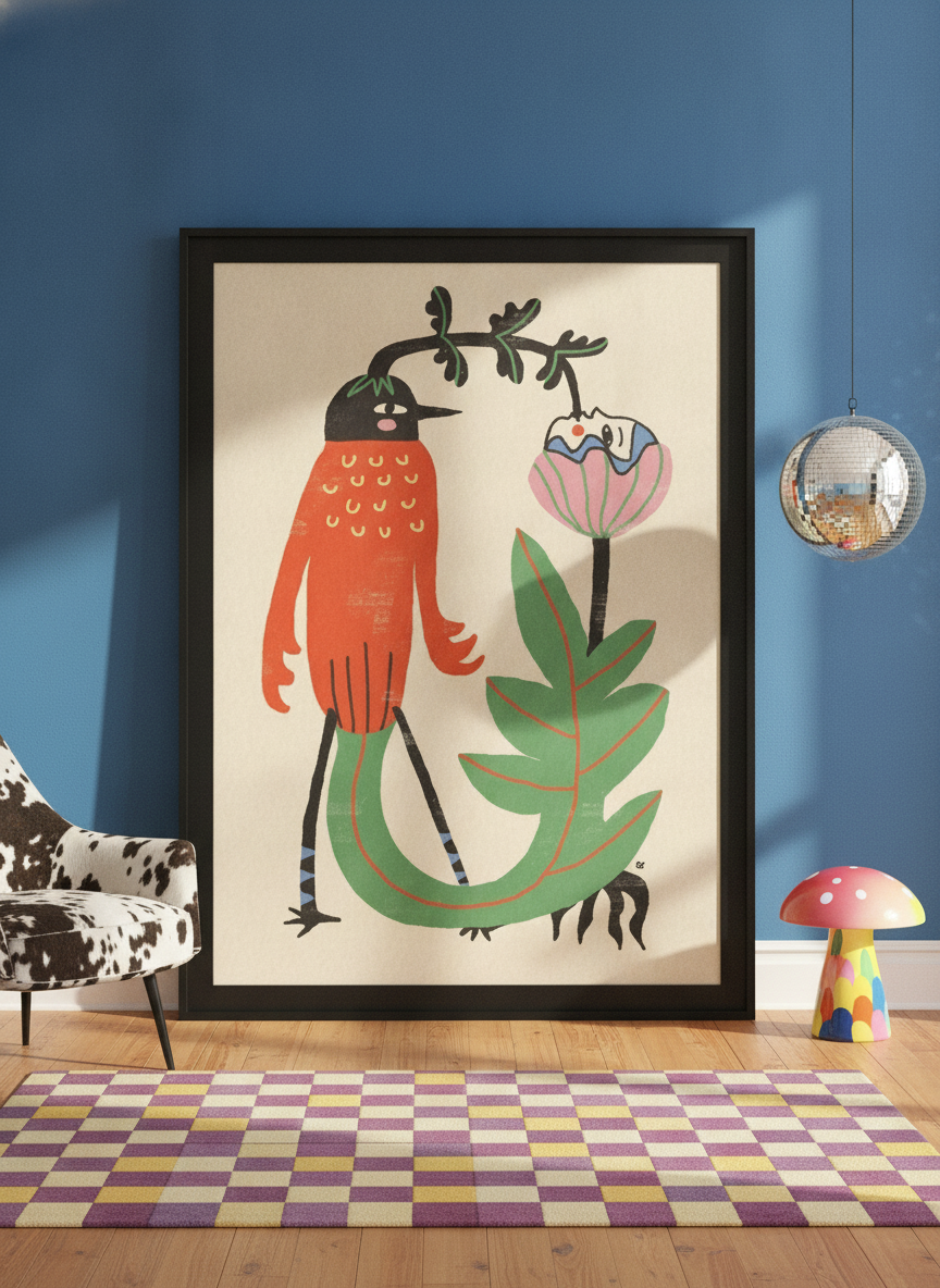 Oversized statement modern wall art print leaning against the wall in a colourful eclectic dining room
