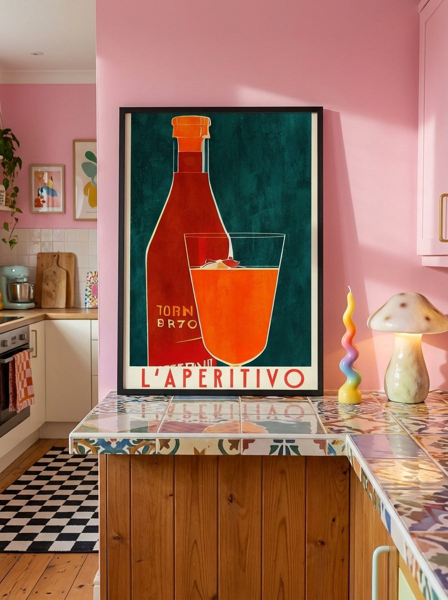 Modern wall art print standing on a kitchen bench in a colourful eclectic kitchen