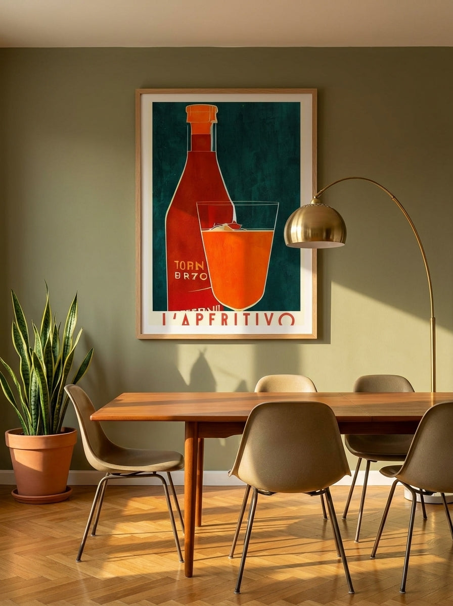Modern wall art print styled on the wall in a mid-century dining room