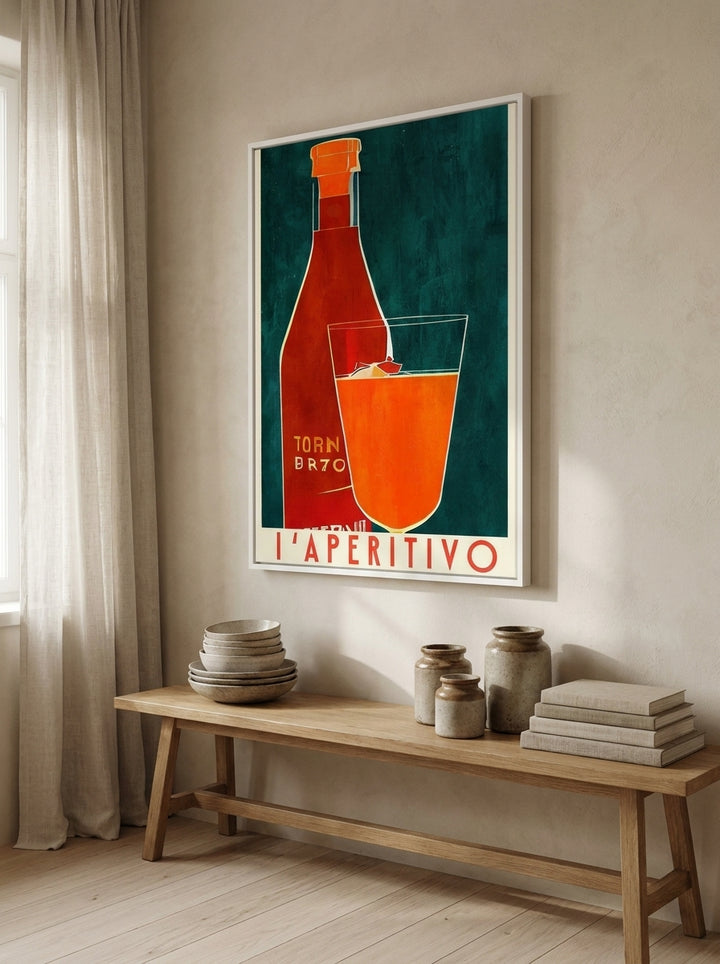Canvas wall art with a white surround styled on the wall in a warm Japandi kitchen