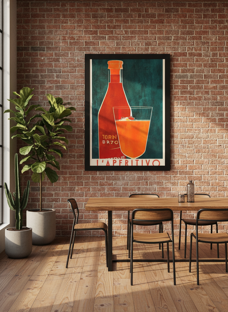 Oversized statement modern wall art print styled on the wall in an industrial loft dining room
