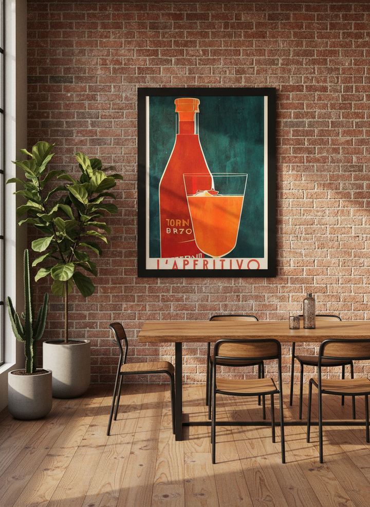 Oversized statement modern wall art print styled on the wall in an industrial loft dining room