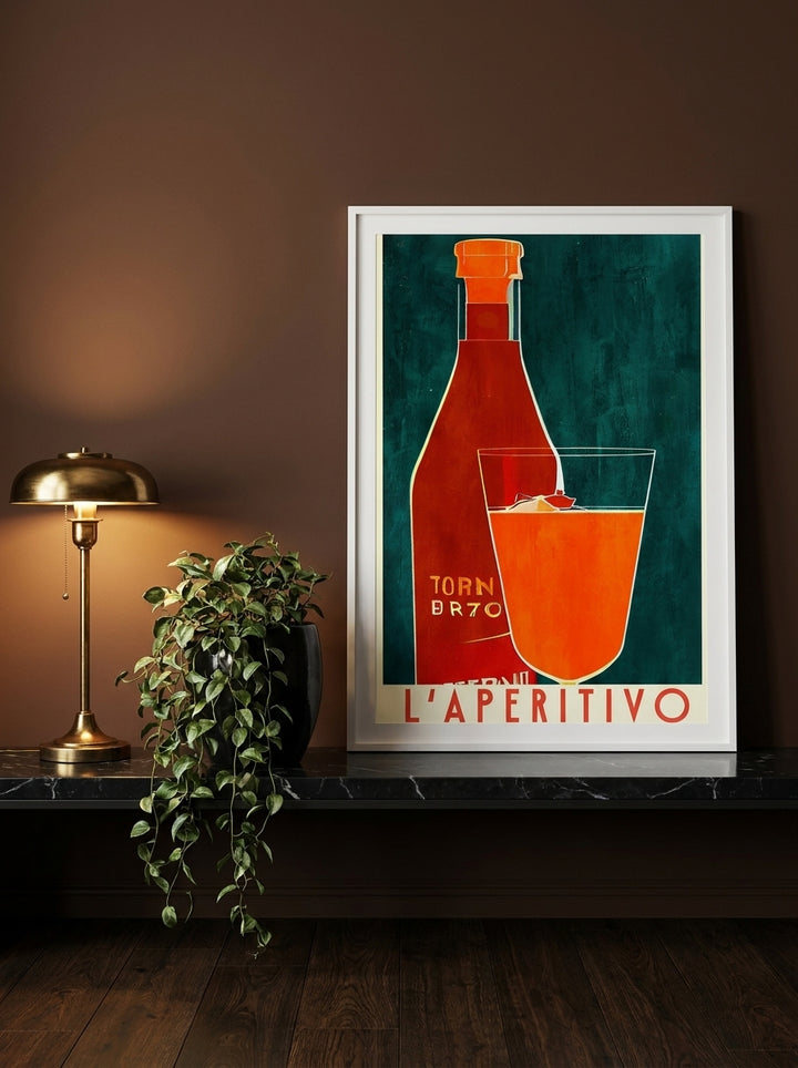 Modern wall art print standing on a kitchen bench in a moody kitchen