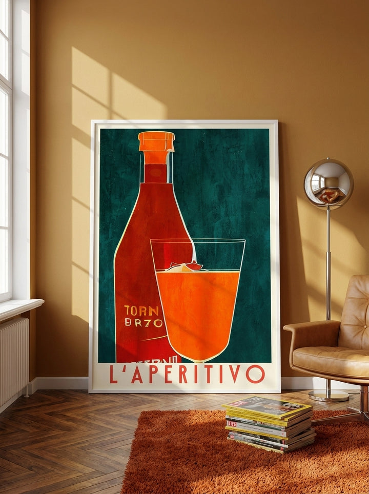 Oversized statement modern wall art print leaning against the wall in a retro 70s living room
