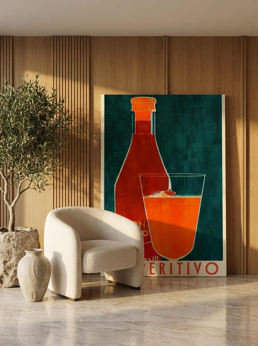 Stretched canvas wall art leaning against the wall in a luxe living room