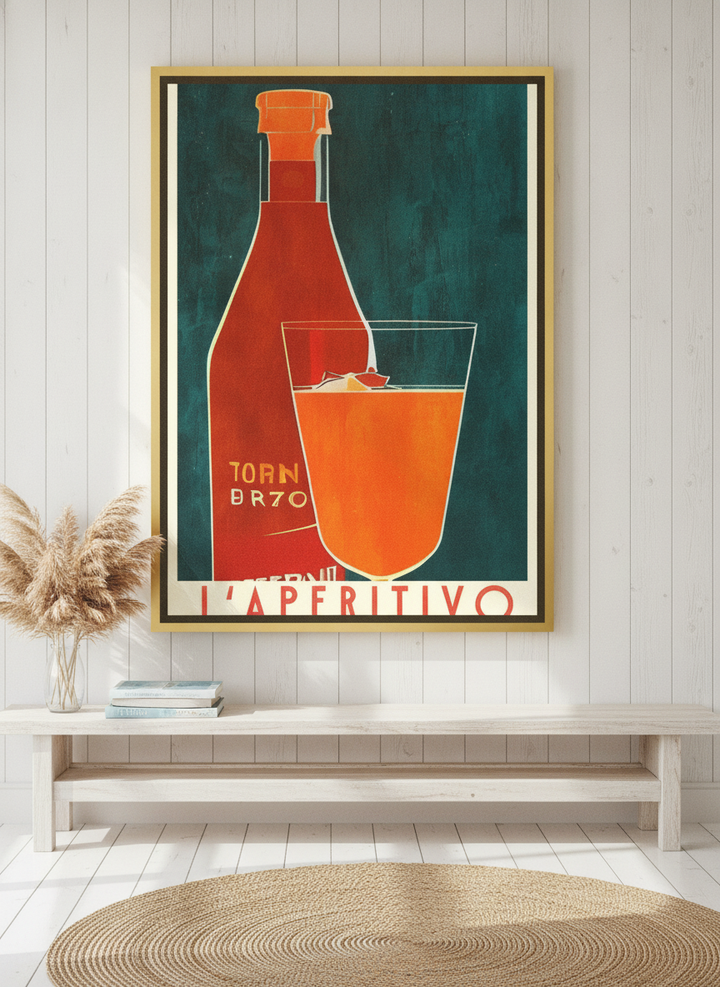Oversized statement canvas wall art with a gold leaf surround styled on the wall in a coastal living room