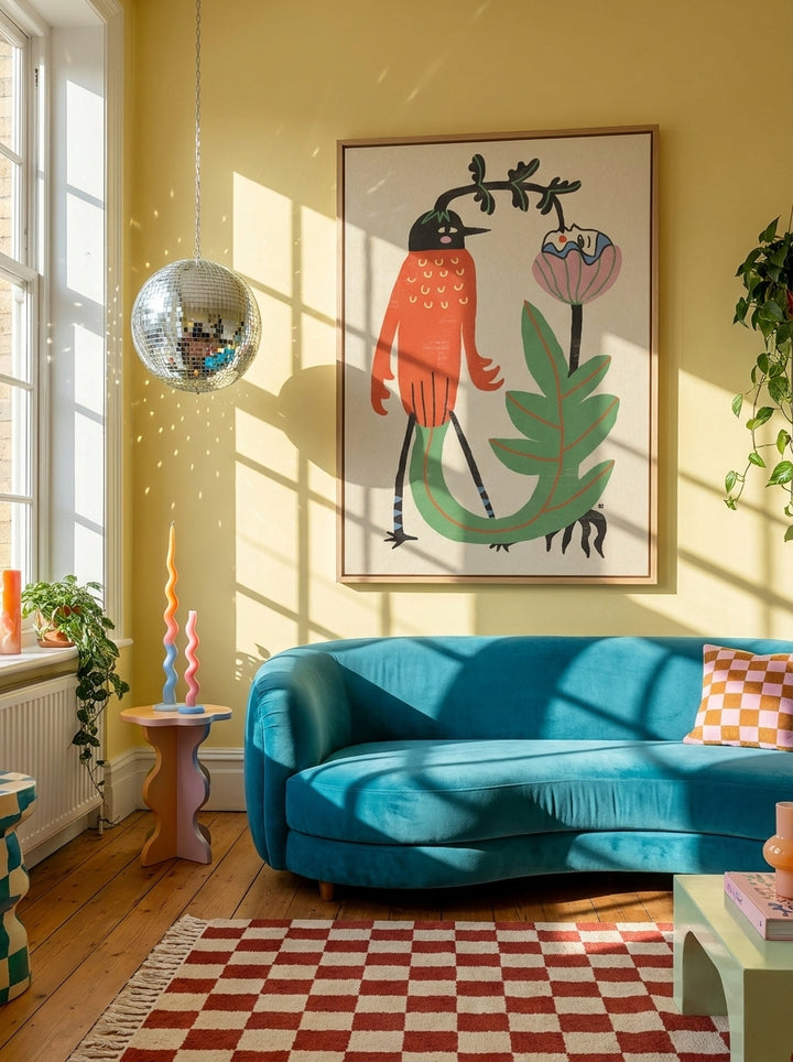 Oversized statement canvas wall art with a natural timber surround styled on the wall in a colourful eclectic living room