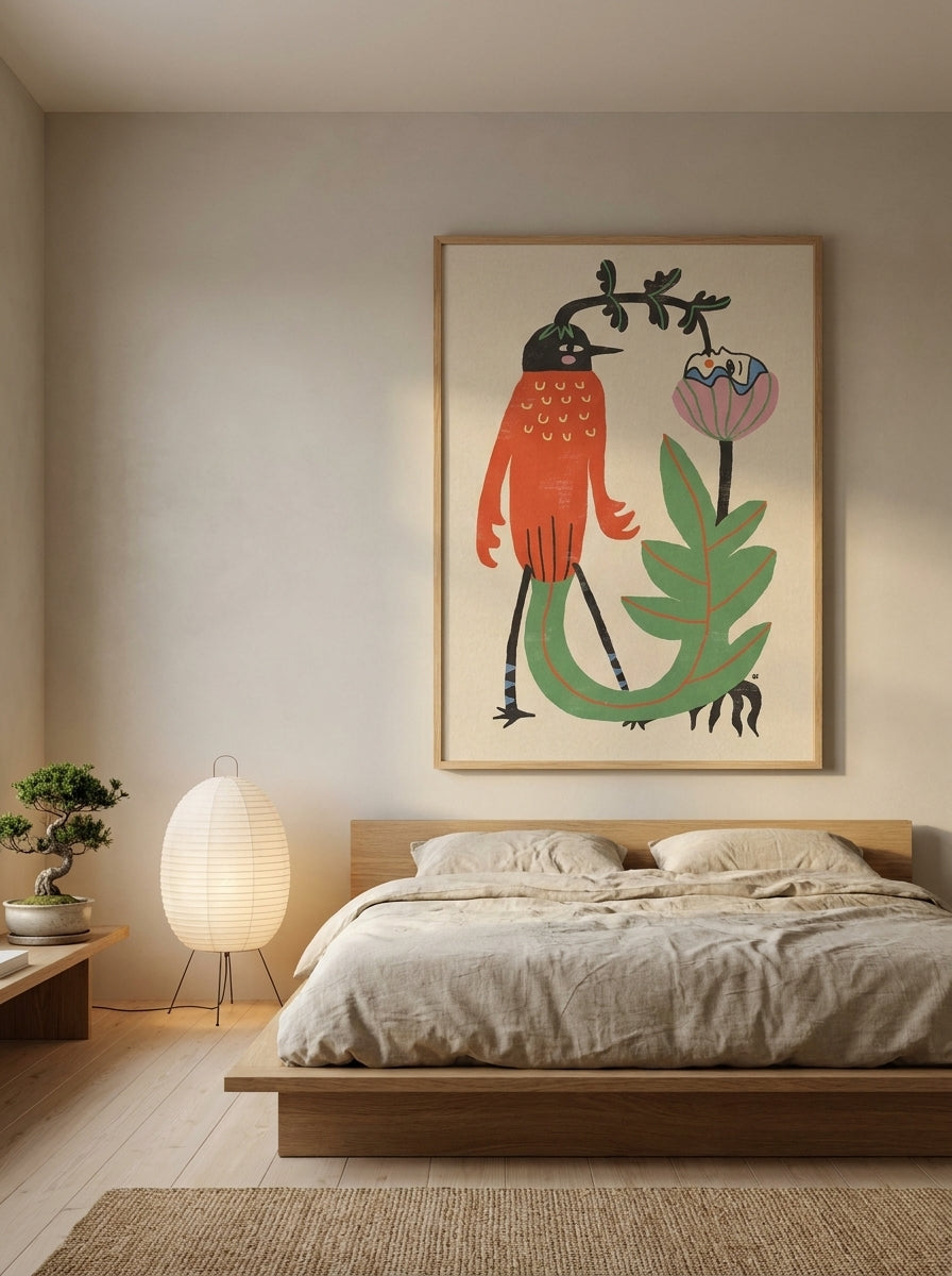 Oversized statement modern wall art print styled on the wall in a warm Japandi bedroom