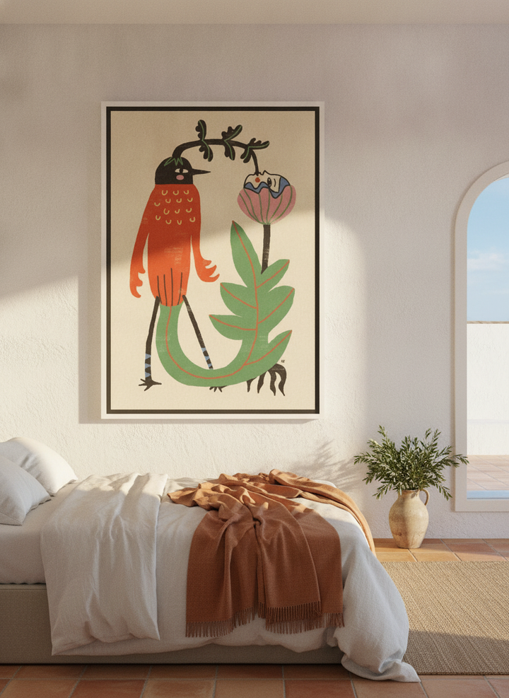 Oversized statement canvas wall art with a white surround styled on the wall in a Mediterranean bedroom