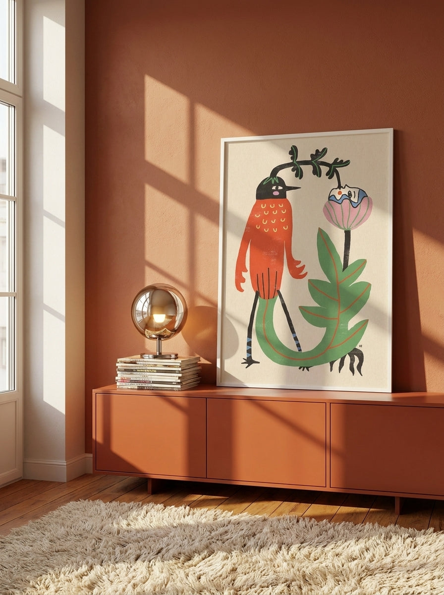 Modern wall art print standing on a sideboard in a retro 70s living room