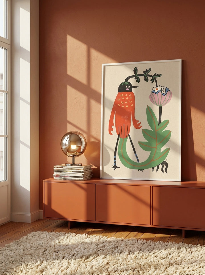 Modern wall art print standing on a sideboard in a retro 70s living room