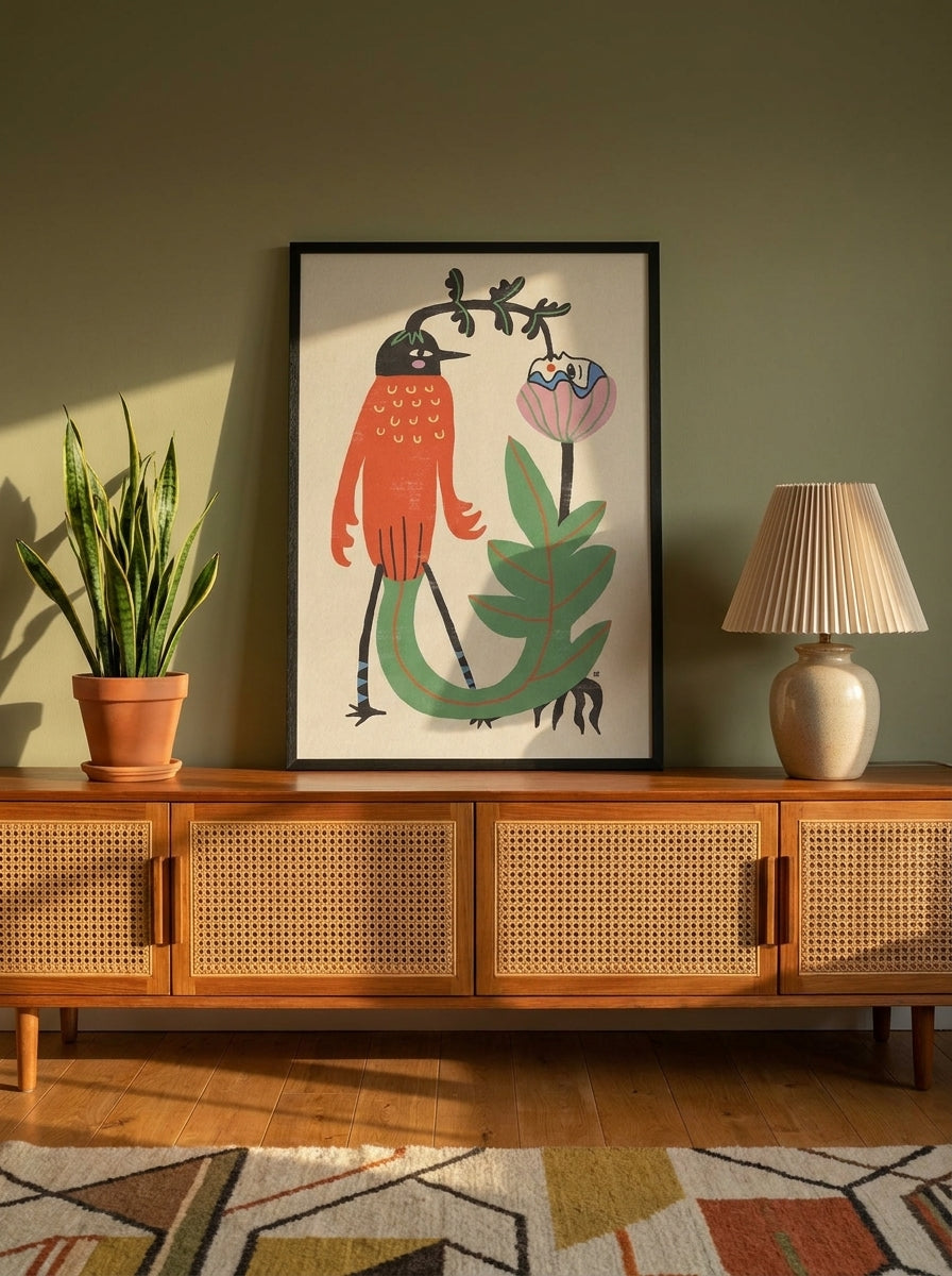 Modern wall art print standing on a sideboard in a mid-century home office