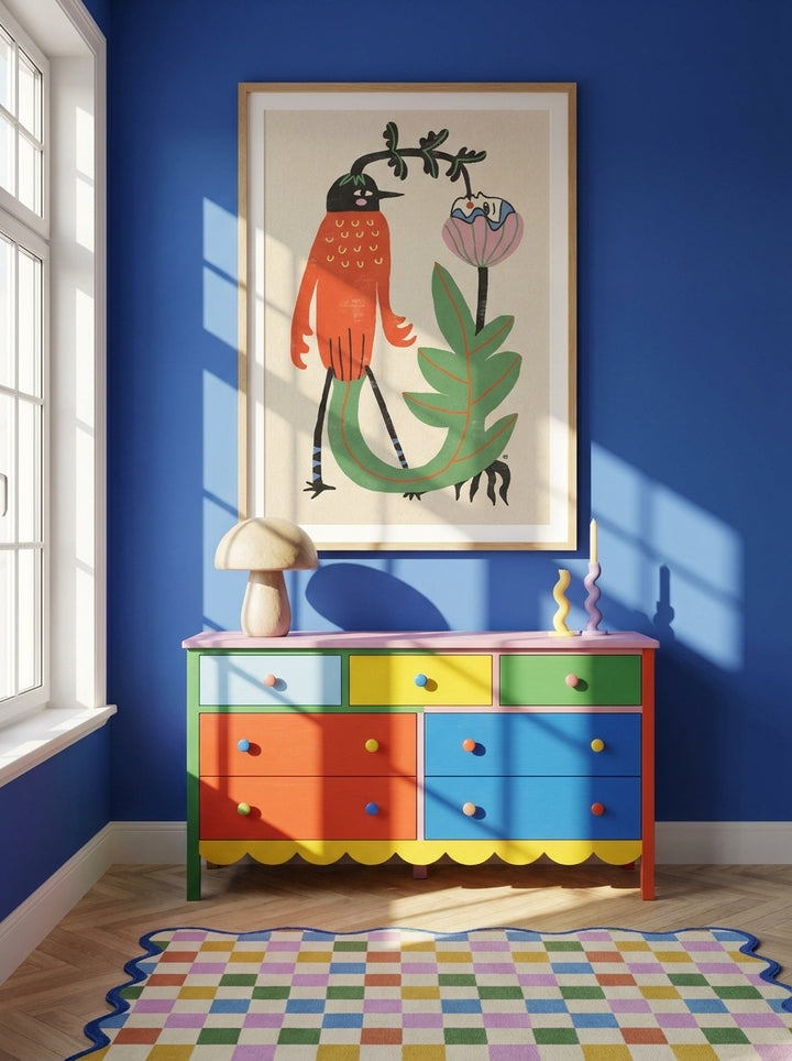 Modern wall art print styled on the wall in a colourful eclectic nursery
