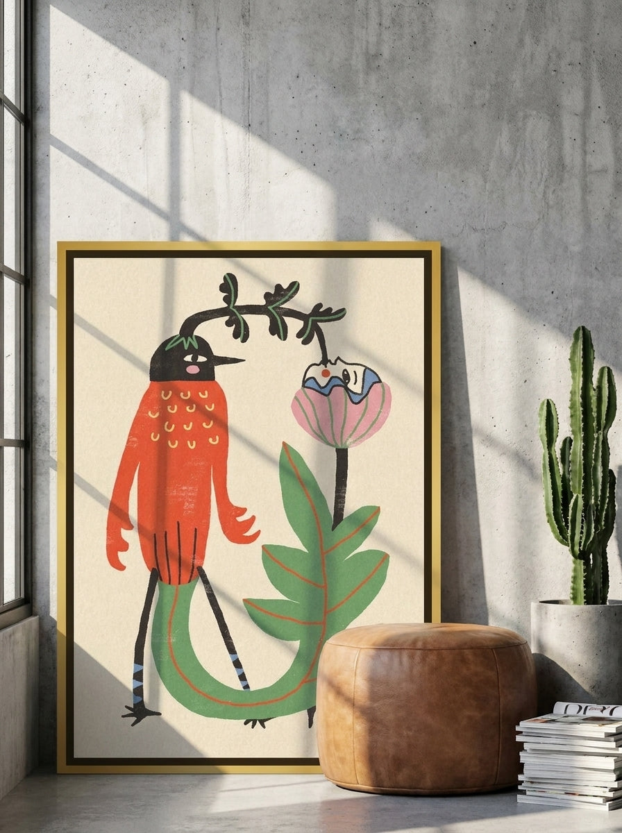 Canvas wall art with a gold leaf surround leaning against the wall in an industrial loft home office