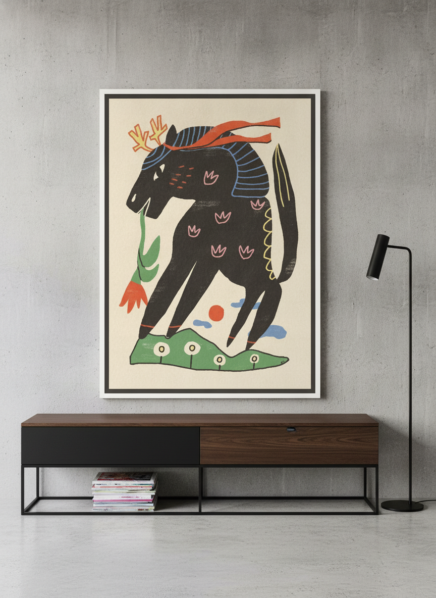 Canvas wall art with a white surround standing on a console in an industrial loft bedroom