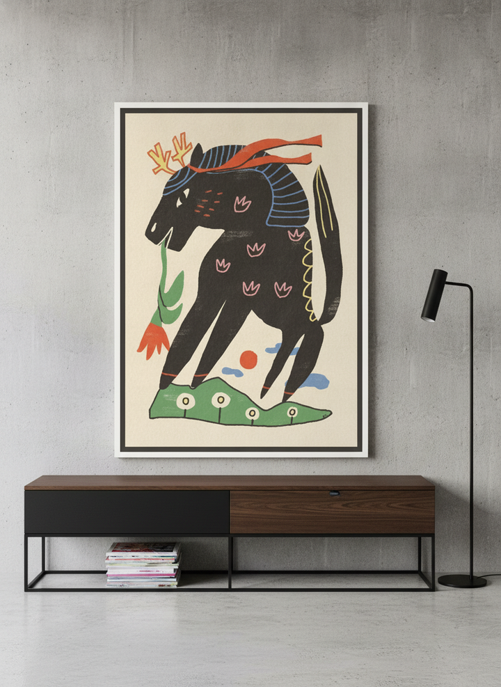Canvas wall art with a white surround standing on a console in an industrial loft bedroom