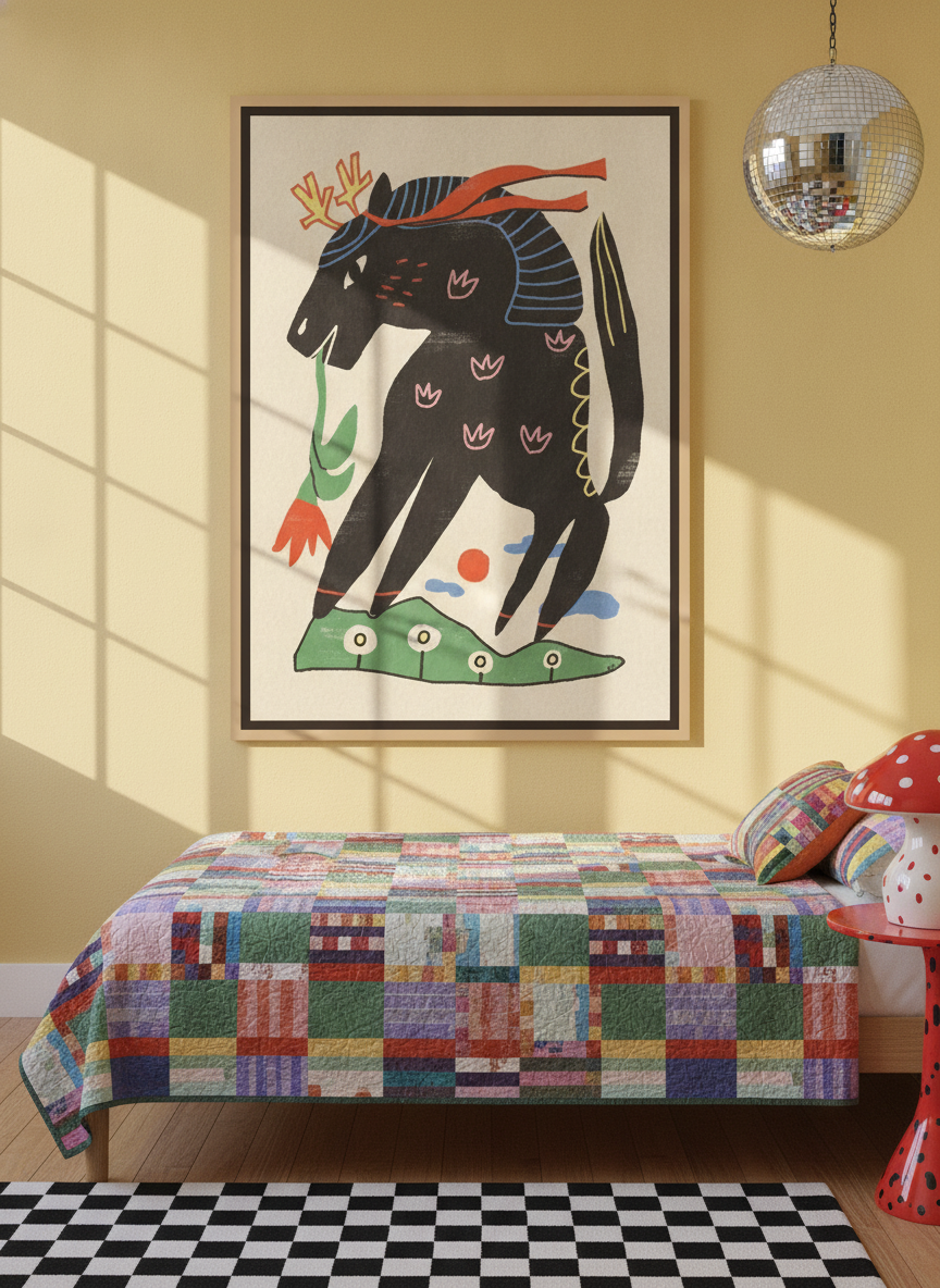 Oversized statement canvas wall art with a natural timber surround styled on the wall in a colourful eclectic bedroom