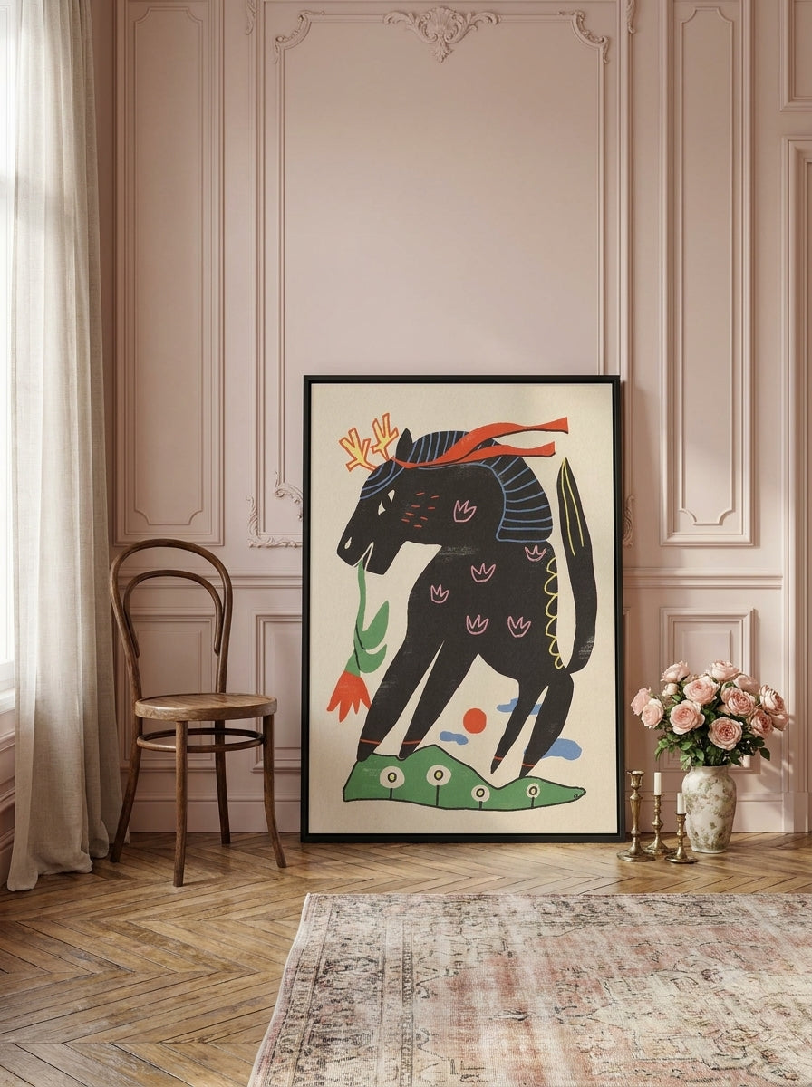Canvas wall art with a black surround leaning against the wall in a Parisian living room