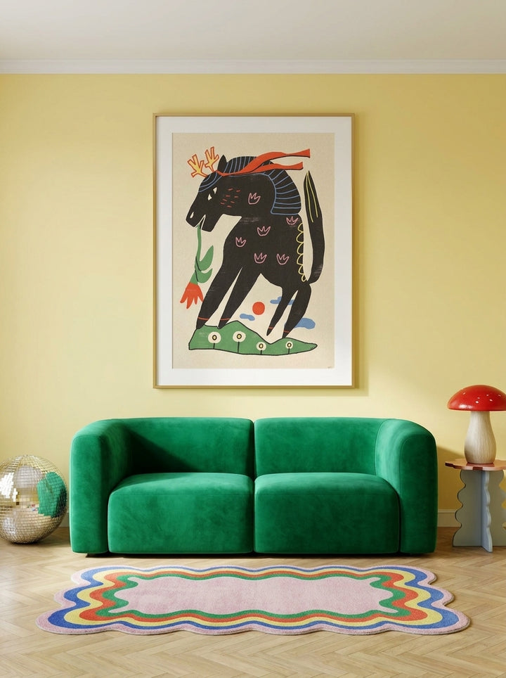 Modern wall art print styled on the wall in a colourful eclectic living room