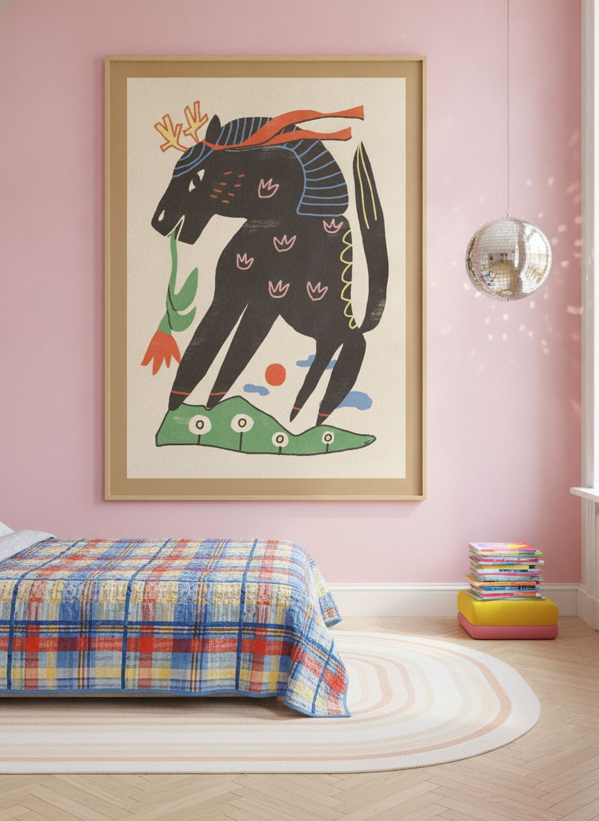 Oversized statement modern wall art print styled on the wall in a colourful eclectic bedroom