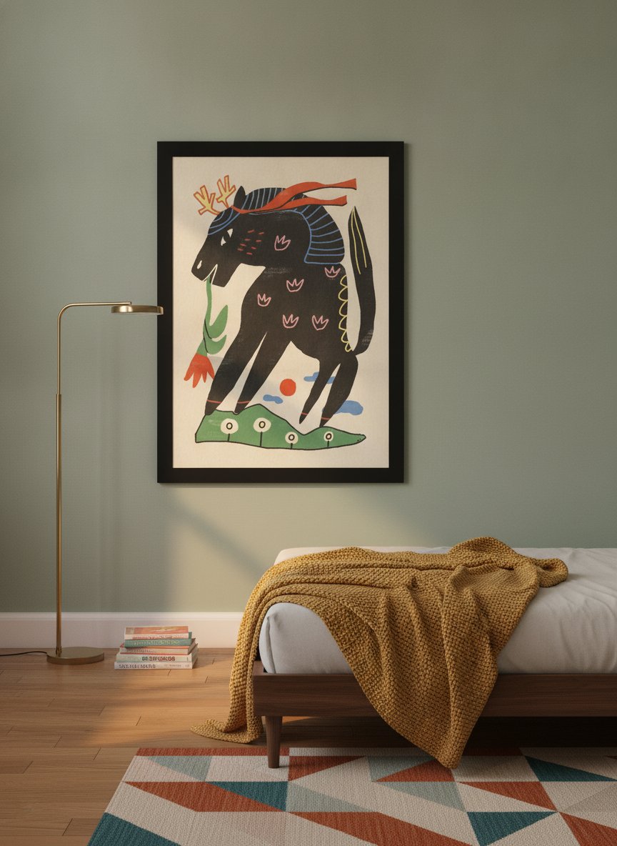 Oversized statement modern wall art print styled on the wall in a mid-century bedroom