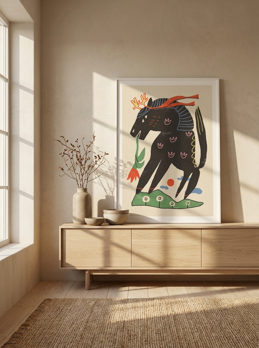 Modern wall art print standing on a sideboard in a warm Japandi home office